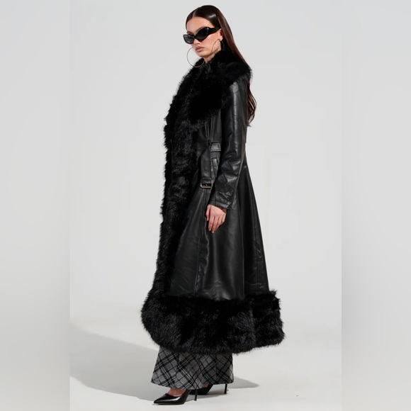 LONG PU TRENCH WITH FAUX FUR TRIM - Picture 5 of 8